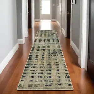 Photo of 8' Beige And Blue Geometric Runner Rug