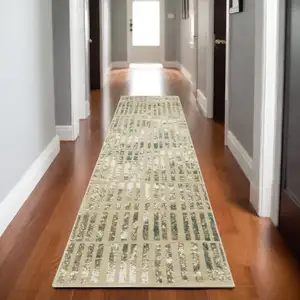 Photo of 8' Beige And Blue Geometric Runner Rug