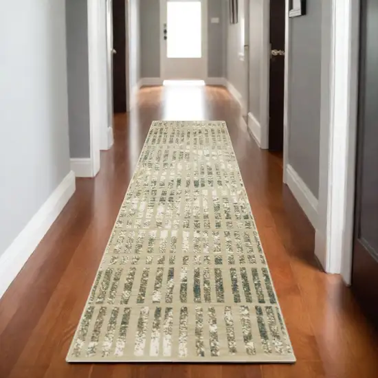 8' Beige And Blue Geometric Runner Rug Photo 1