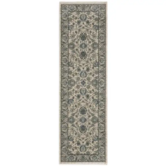 8' Beige And Blue Oriental Runner Rug With Fringe Photo 6