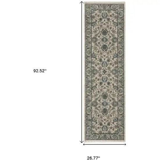 8' Beige And Blue Oriental Runner Rug With Fringe Photo 3