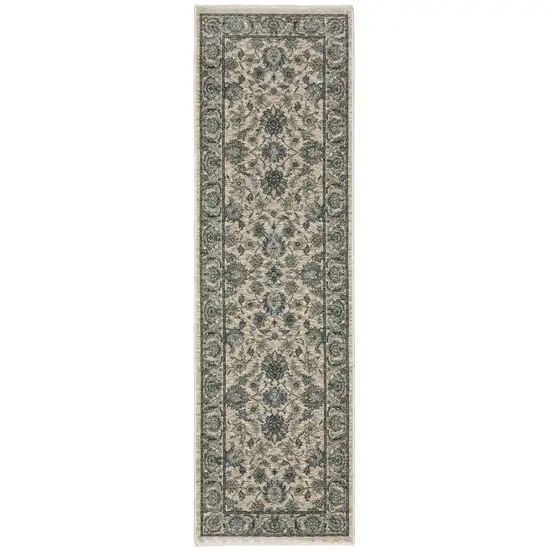 8' Beige And Blue Oriental Runner Rug With Fringe Photo 2