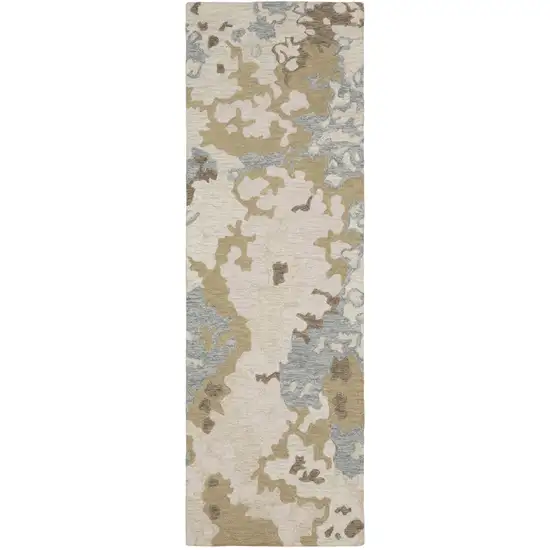 8' Beige And Blue Wool Abstract Hand Tufted Runner Rug Photo 5