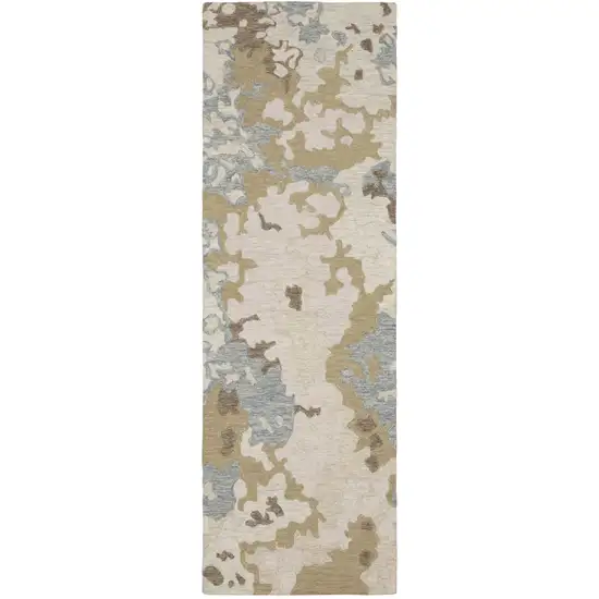 8' Beige And Blue Wool Abstract Hand Tufted Runner Rug Photo 2