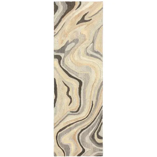 8' Beige And Charcoal Wool Abstract Hand Tufted Runner Rug Photo 2