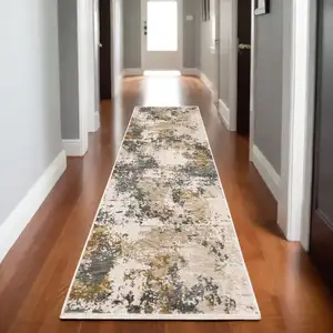 Photo of 8' Beige And Gray Abstract Runner Rug With Fringe