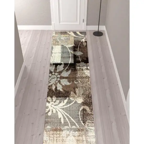 12' Beige And Gray Floral Power Loom Distressed Runner Rug Photo 2