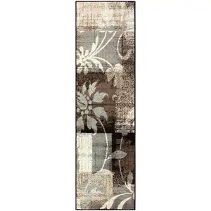 Photo of 12' Beige And Gray Floral Power Loom Distressed Runner Rug