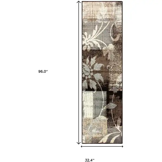 8' Beige And Gray Floral Power Loom Distressed Stain Resistant Runner Rug Photo 7