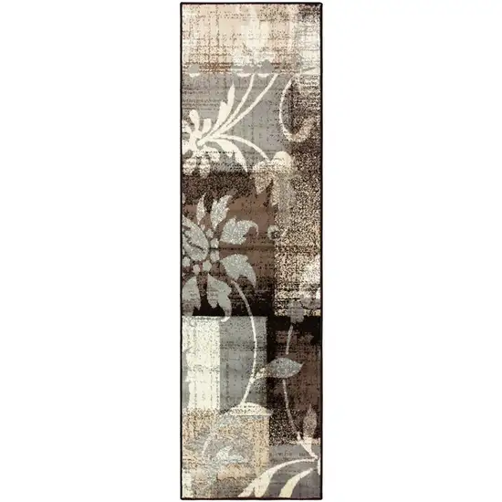 8' Beige And Gray Floral Power Loom Distressed Stain Resistant Runner Rug Photo 1