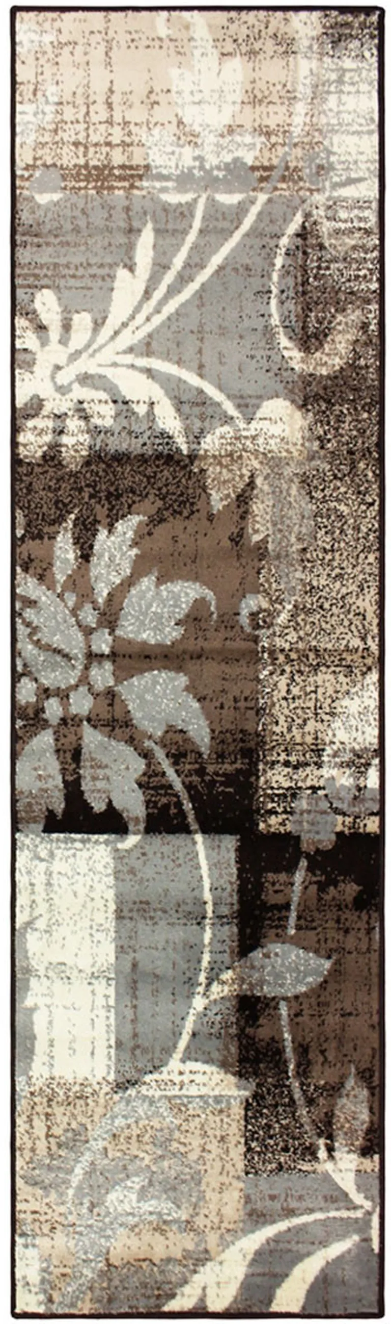 8' Beige And Gray Floral Power Loom Distressed Stain Resistant Runner Rug Photo 1