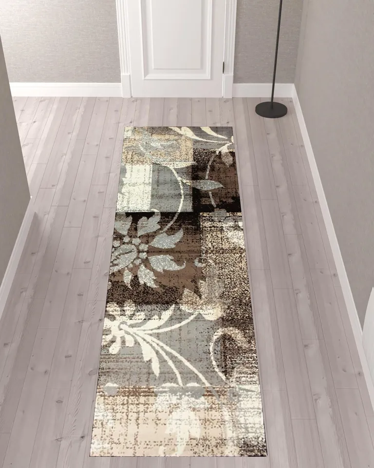 10' Beige And Gray Floral Power Loom Distressed Stain Resistant Runner Rug Photo 2