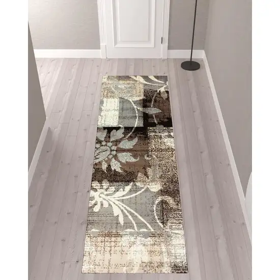 10' Beige And Gray Floral Power Loom Distressed Stain Resistant Runner Rug Photo 2