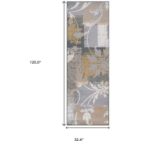 10' Beige And Gray Floral Power Loom Distressed Stain Resistant Runner Rug Photo 6