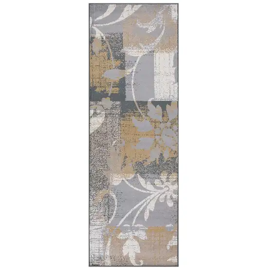 10' Beige And Gray Floral Power Loom Distressed Stain Resistant Runner Rug Photo 1