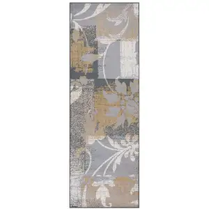 Photo of 10' Beige And Gray Floral Power Loom Distressed Stain Resistant Runner Rug