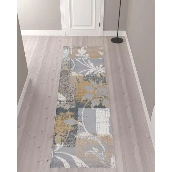 10' Beige And Gray Floral Power Loom Distressed Stain Resistant Runner Rug Photo 2