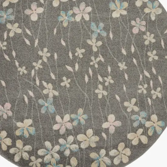 5' Beige And Gray Floral Round Rug Photo 8