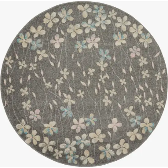 5' Beige And Gray Floral Round Rug Photo 2