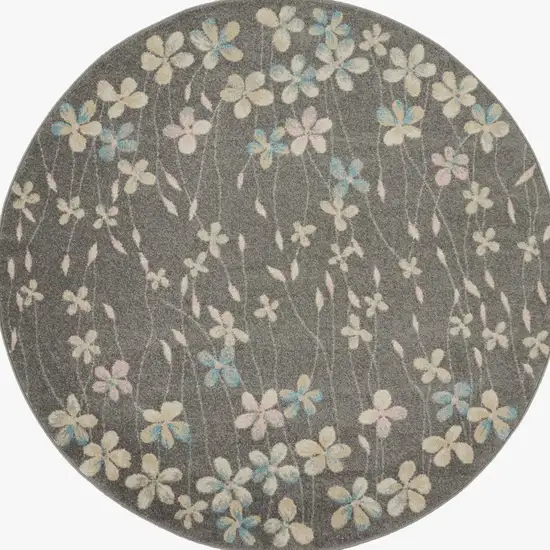 5' Beige And Gray Floral Round Rug Photo 9