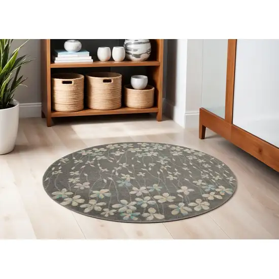 5' Beige And Gray Floral Round Rug Photo 1