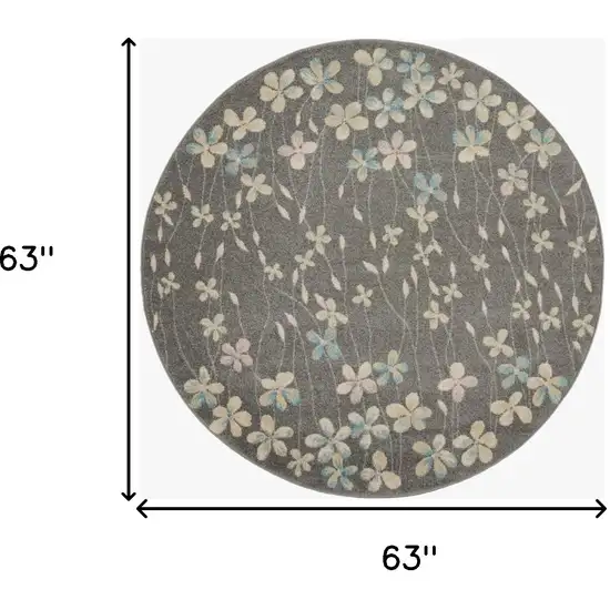 5' Beige And Gray Floral Round Rug Photo 3