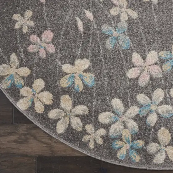 5' Beige And Gray Floral Round Rug Photo 4