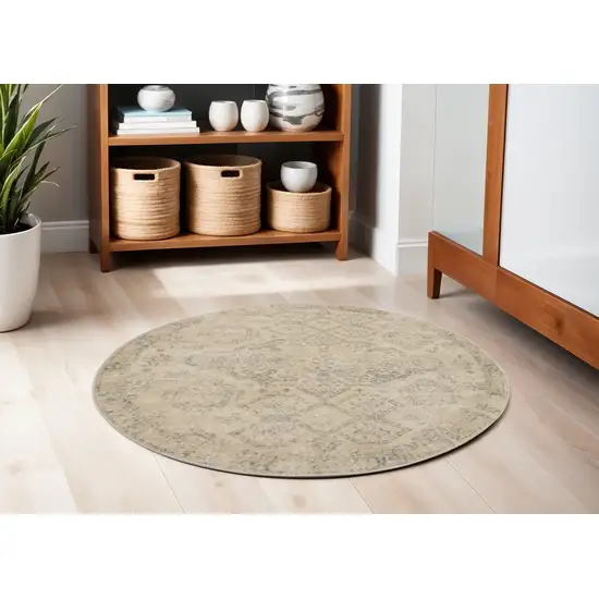 5' Beige And Gray Geometric Distressed Round Rug Photo 1