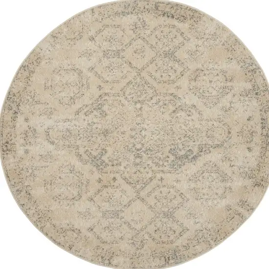 5' Beige And Gray Geometric Distressed Round Rug Photo 4