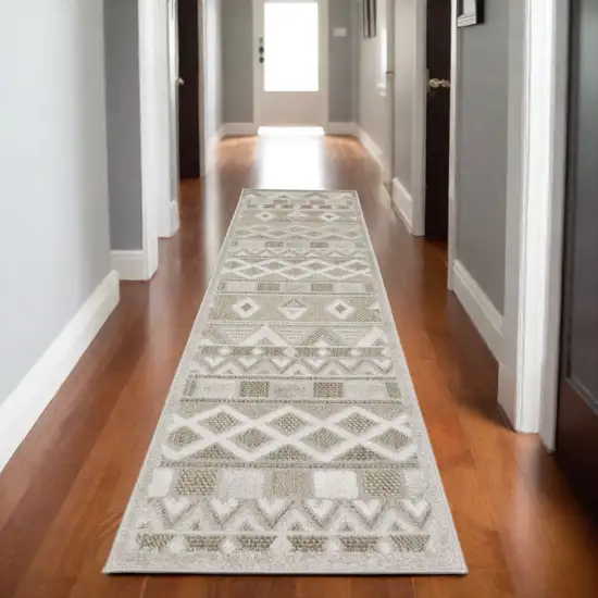 8' Beige And Gray Geometric Runner Rug Photo 1