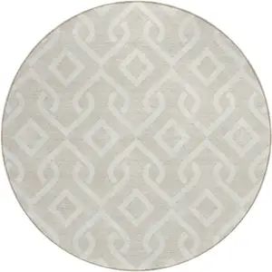 Photo of 8' Beige And Ivory Round Geometric Washable Indoor Outdoor Area Rug