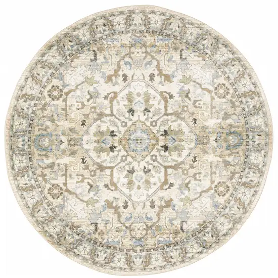 8' Beige And Ivory Round Oriental Power Loom Stain Resistant Area Rug Photo 1