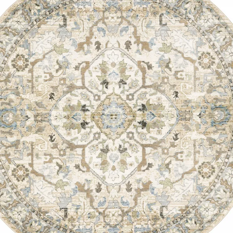 8' Beige And Ivory Round Oriental Power Loom Stain Resistant Area Rug Photo 4