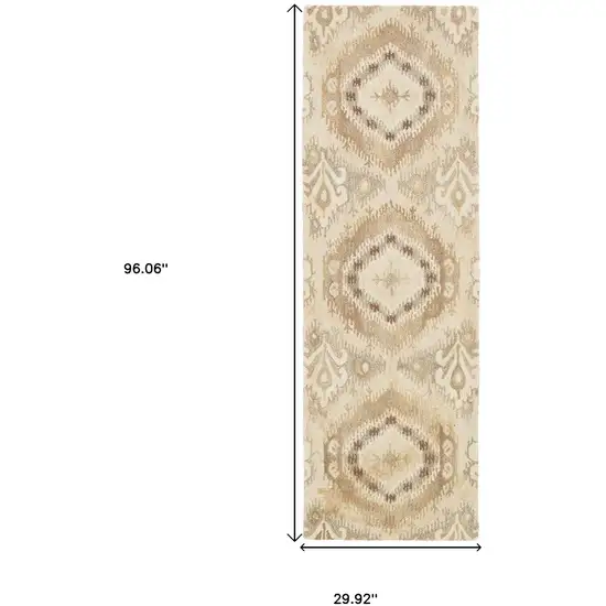 8' Beige And Ivory Wool Abstract Hand Tufted Runner Rug Photo 3