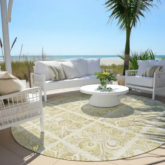 8' Beige And Tan Round Medallion Washable Indoor Outdoor Area Rug Photo 6