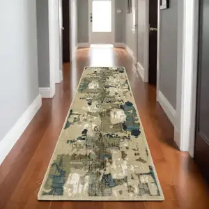 Photo of 8' Beige Blue And Brown Abstract Runner Rug