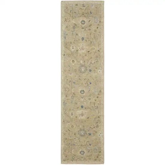 10' Beige Blue And Ivory Wool Oriental Hand Knotted Runner Rug With Fringe Photo 5