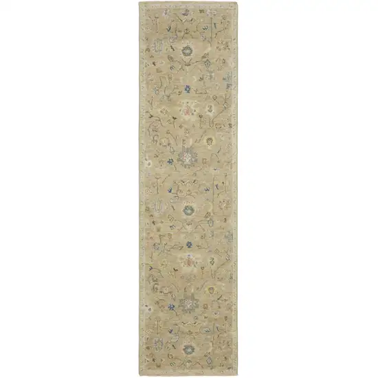 10' Beige Blue And Ivory Wool Oriental Hand Knotted Runner Rug With Fringe Photo 2