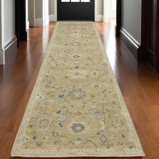 10' Beige Blue And Ivory Wool Oriental Hand Knotted Runner Rug With Fringe Photo 1