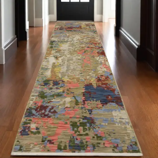 12' Beige Blue And Salmon Abstract Runner Rug With Fringe Photo 1