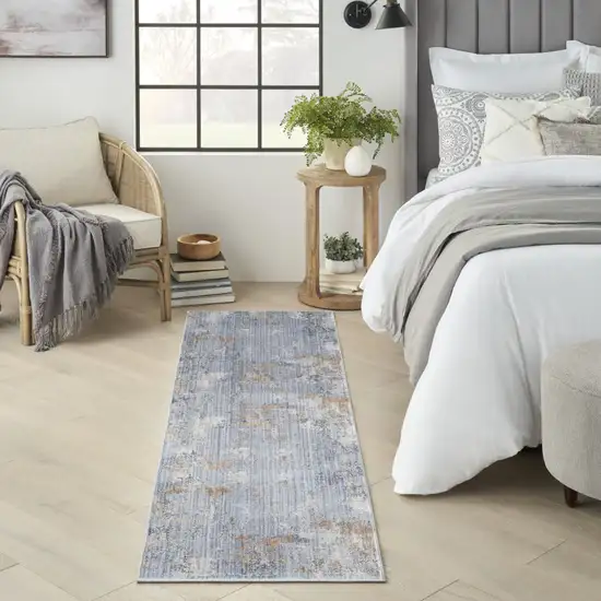 8' Beige Blue and Gray Abstract Runner Rug With Fringe Photo 9