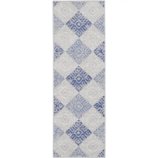 8' Beige Blue and Gray Geometric Distressed Non Skid Runner Rug Photo 2