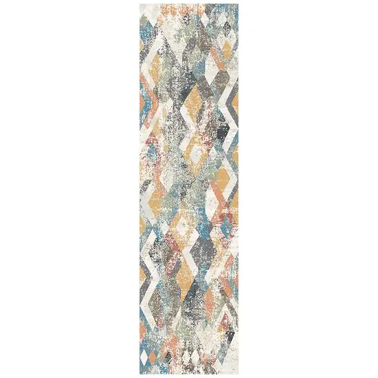 8' Beige Blue and Gray Geometric Distressed Runner Rug With Fringe Photo 2