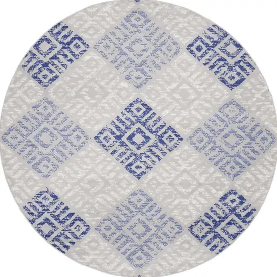 8' Beige Blue and Gray Geometric Round Rug Photo 6