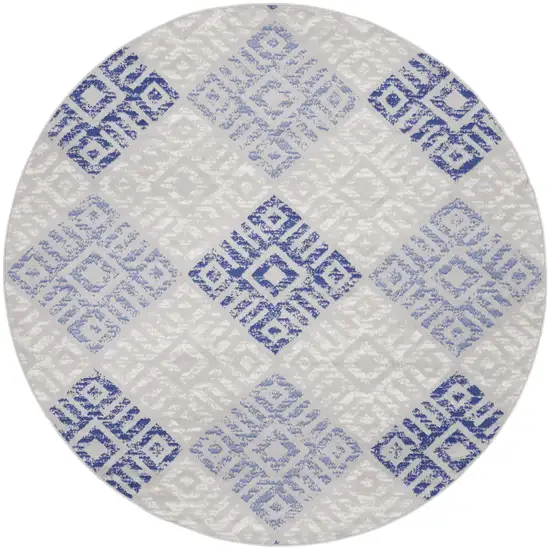 8' Beige Blue and Gray Geometric Round Rug Photo 2