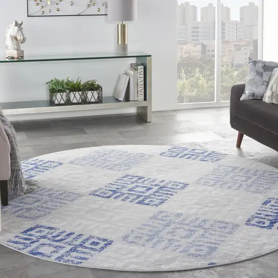 8' Beige Blue and Gray Geometric Round Rug Photo 7