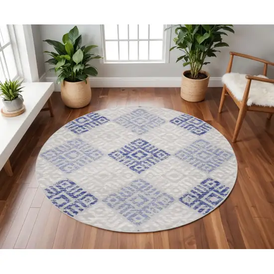 8' Beige Blue and Gray Geometric Round Rug Photo 1