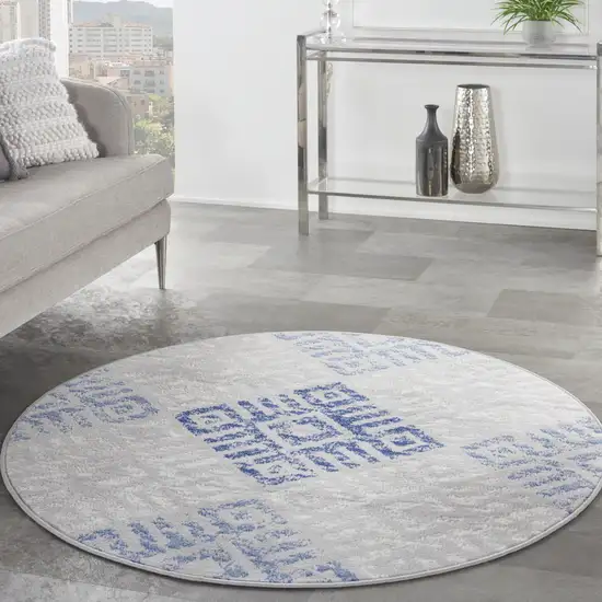 5' Beige Blue and Gray Geometric Round Rug Photo 7