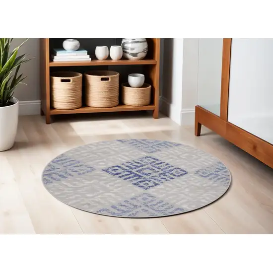 5' Beige Blue and Gray Geometric Round Rug Photo 1