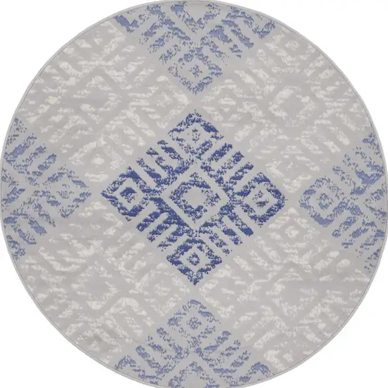 5' Beige Blue and Gray Geometric Round Rug Photo 6